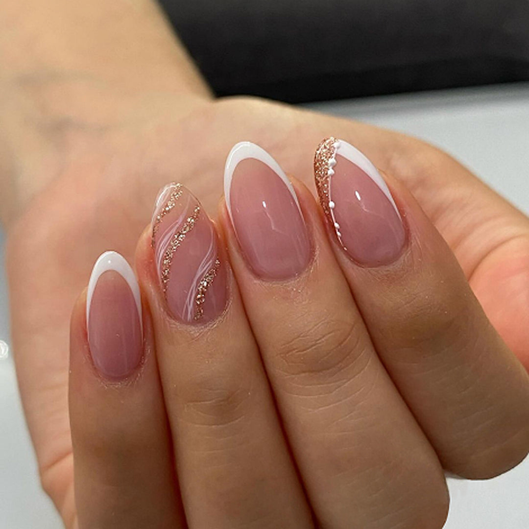 Elegant French-Tip Artificial Nails with Glitter Accents Kalsten