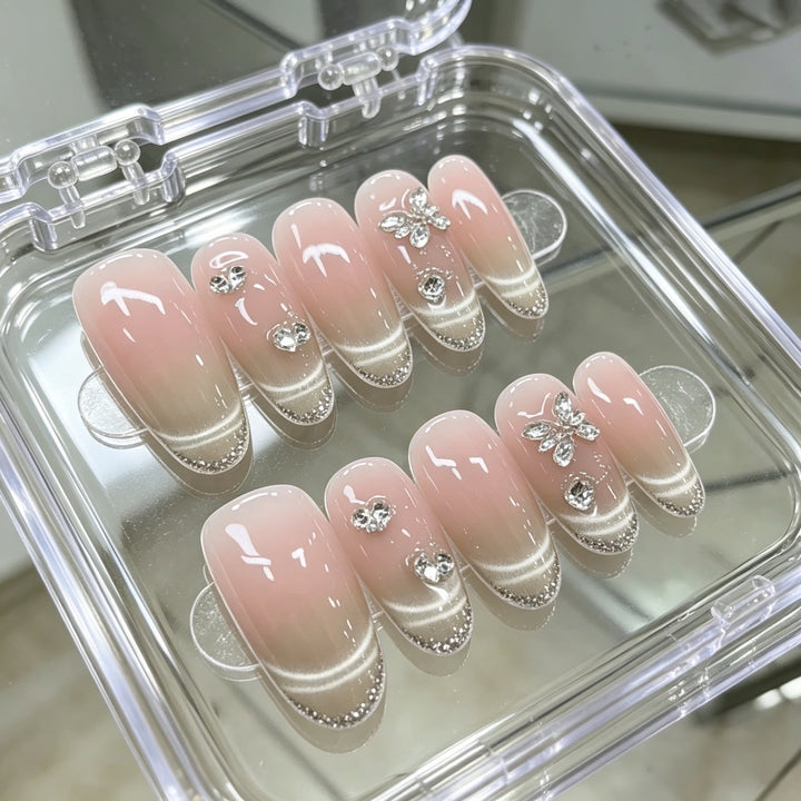 Elegant Press-On Nail Art Set with Floral and Gemstone Accents Kalsten