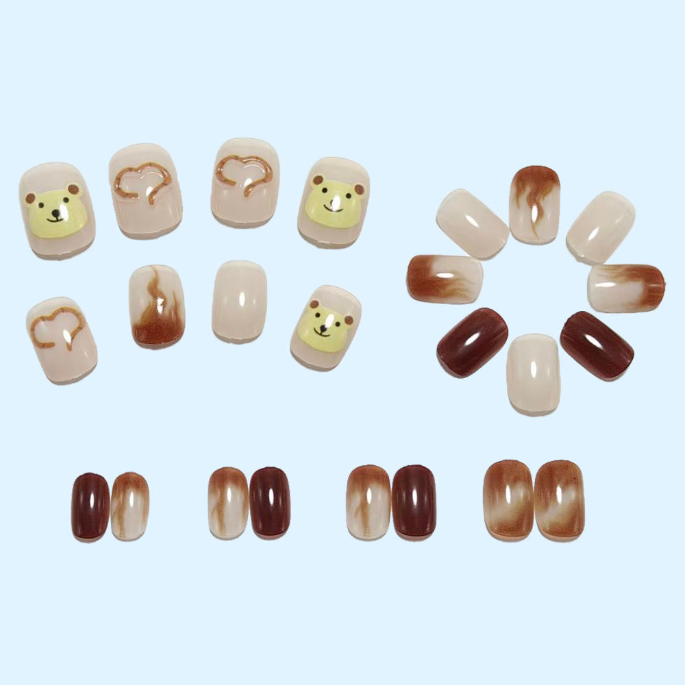 Artificial nails with cute bear design and marbled pattern Kalsten