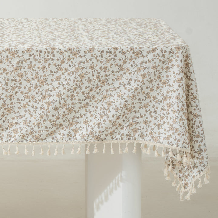 Rectangular tablecloth with floral Millefleurs print and cotton tassels Kalsten