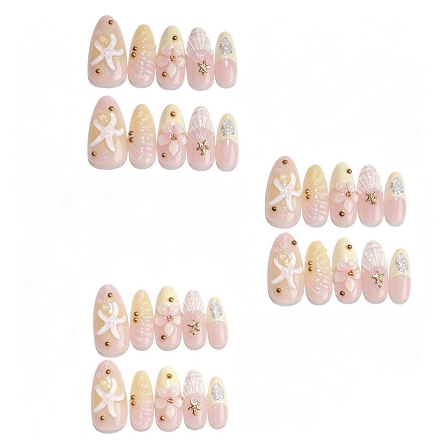 Artificial nail set with floral 3D elements and golden accents Kalsten