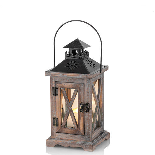 Rustic Distressed Wood Glass-Paneled Decorative Candle Lantern with Metal Top and Carry Handle Kalsten