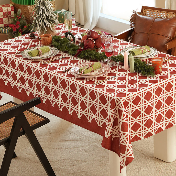 Rectangular festive tablecloth made of cotton blend fabric with geometric grid relief and stain-resistant surface Kalsten