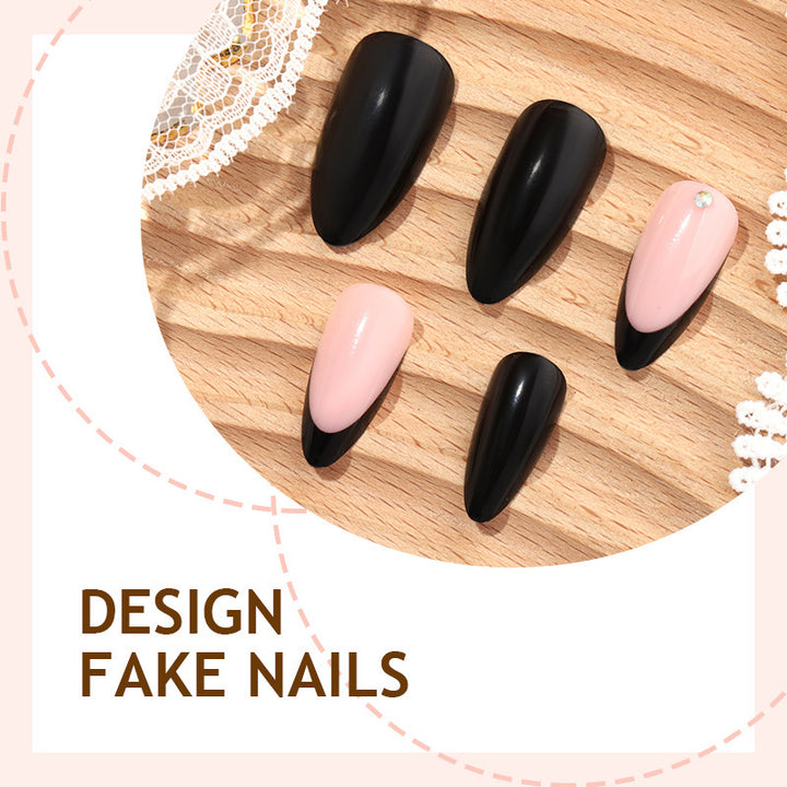 Acrylic nail set with elegant black-pink design and rhinestone-embellished accents Kalsten