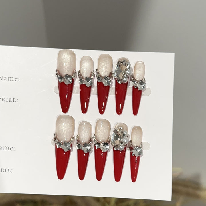 Decorative Stiletto Press-On Nail Set with Crystal Accents