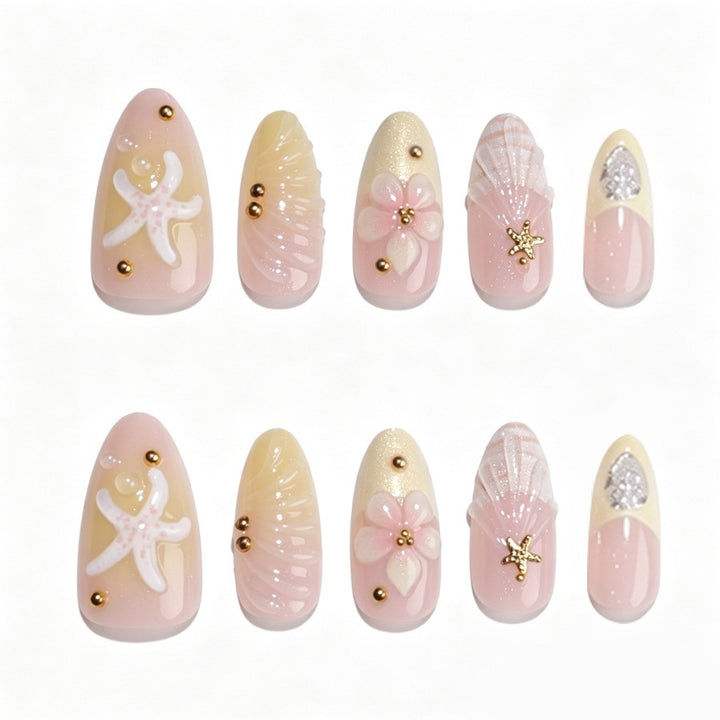 Artificial nail set with floral 3D elements and golden accents Kalsten