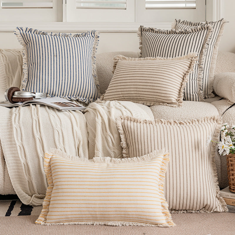 Striped Coastal-Inspired Cotton Square Pillow Cover with Fringed Edge and Concealed Zip