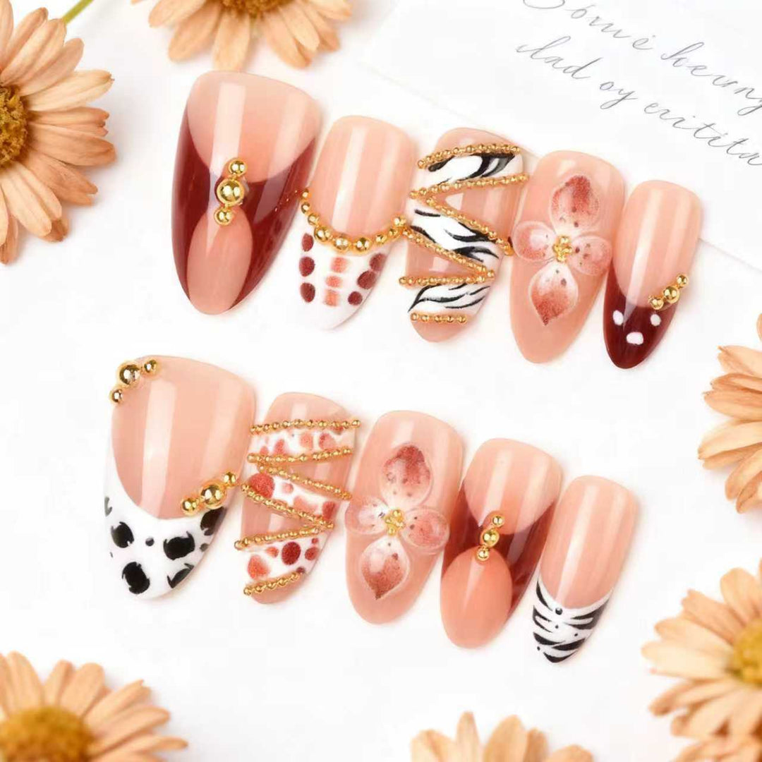 Artistic Press-On Nail Art Set with Floral and Gem Embellishments Kalsten