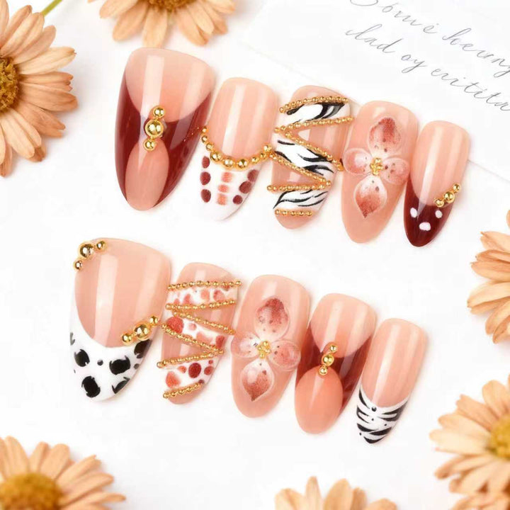 Artistic Press-On Nail Art Set with Floral and Gem Embellishments Kalsten