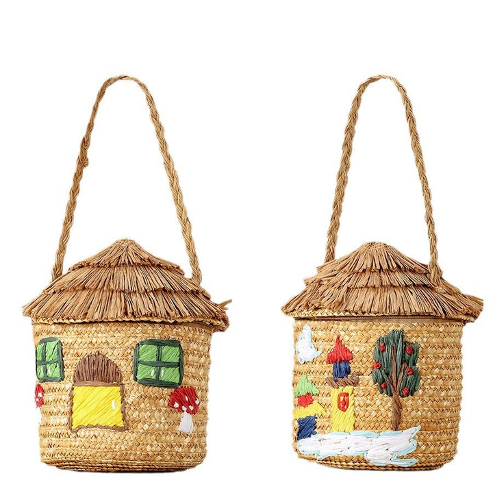 Rustic House-Shaped Straw Handbag
