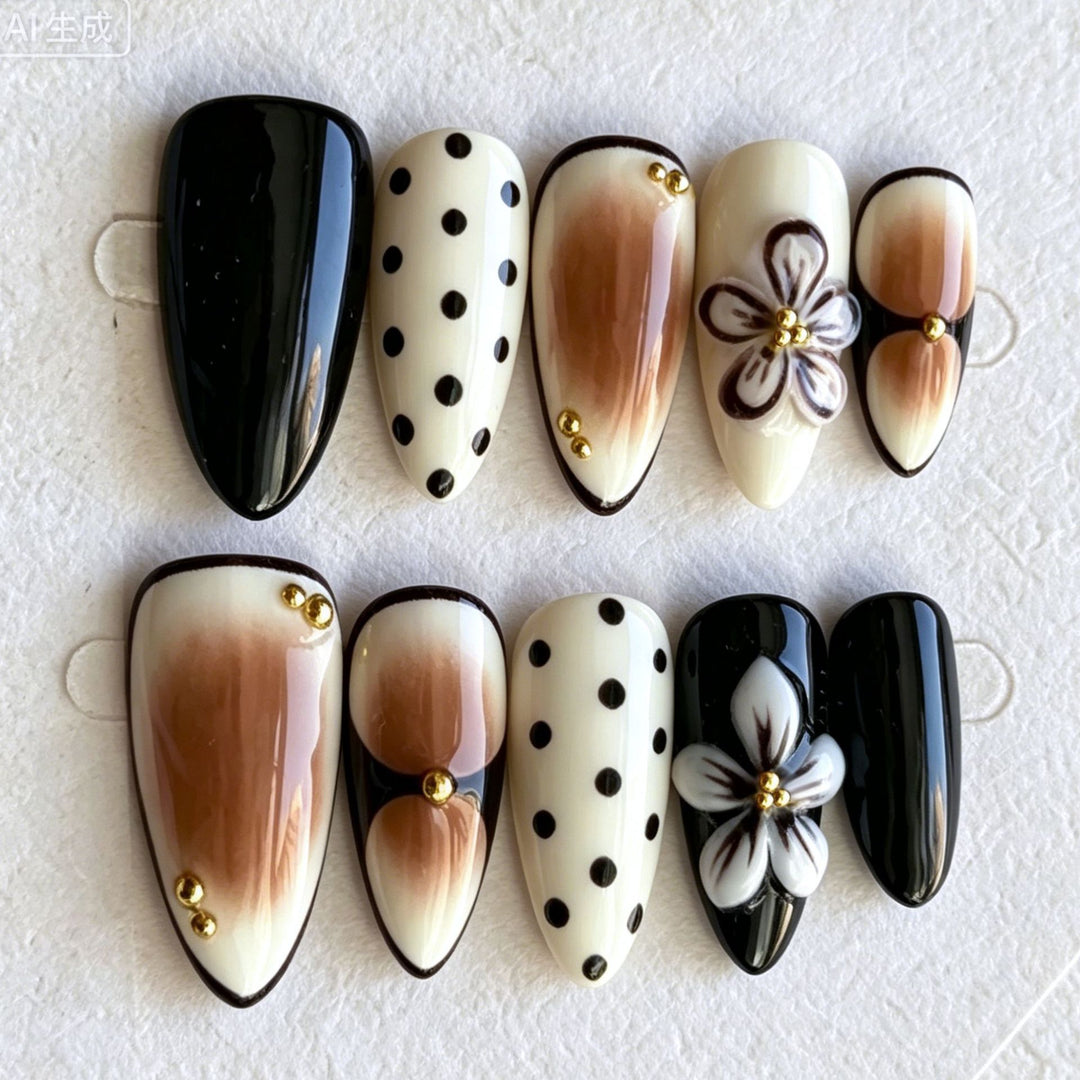 Artistic Press-On Nail Art Set with Floral and Polka Dot Designs Kalsten