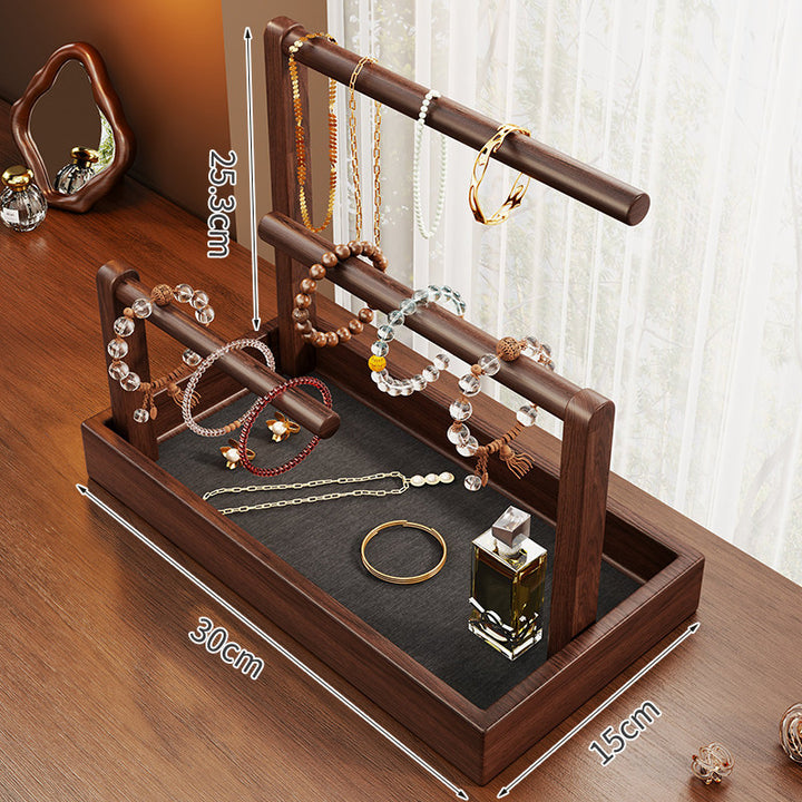 Wooden Tiered Jewelry Display Stand with Triple Rods and Catchall Tray