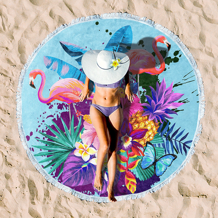 Round beach towel with vibrant tropical pattern Kalsten