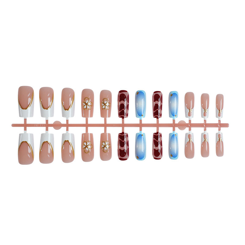 Artistic Press-On Nail Set with Floral Embellishments