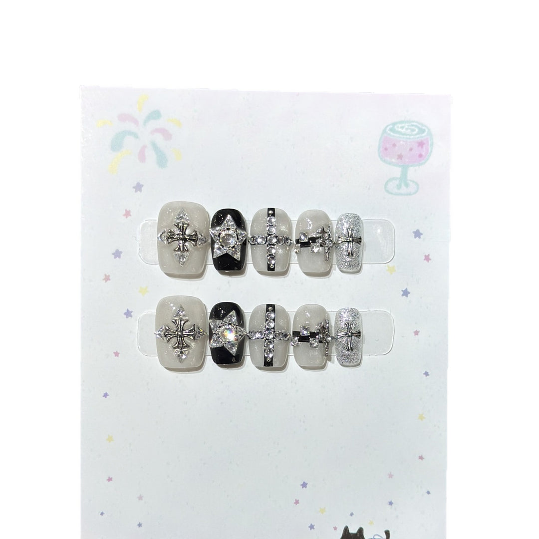 Artistic Press-On Nail Art Set with Gemstone Accents Kalsten