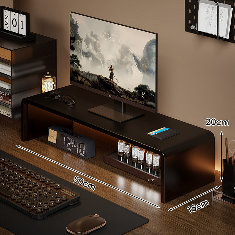 Low-Profile Curved Desktop Monitor Platform with Integrated Under-Shelf Organizer and Ambient Backlight