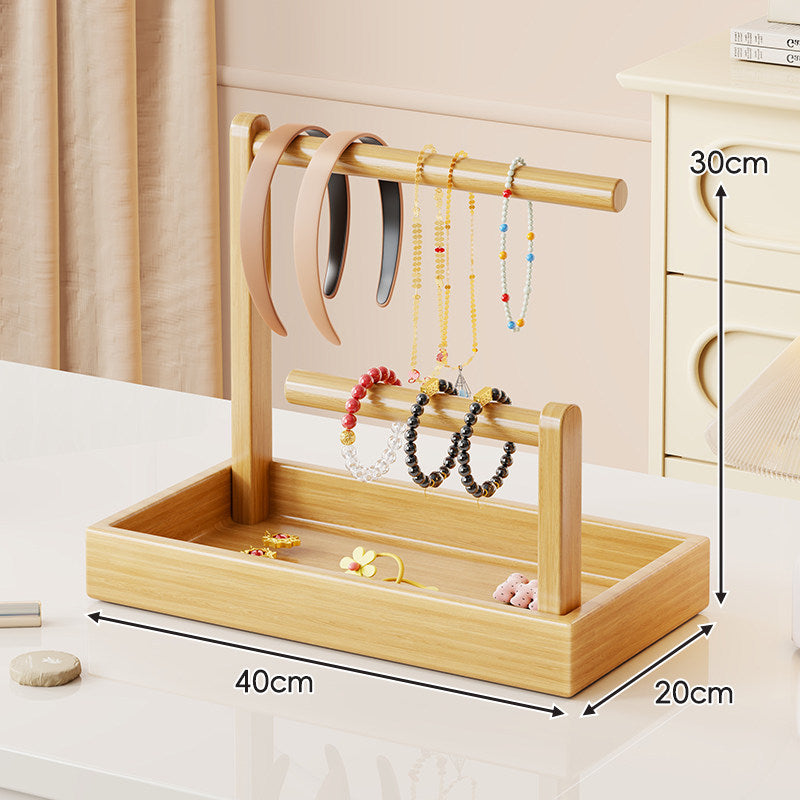 Multi-Level Wooden Jewelry Organizer Stand with Tray and Rod Display