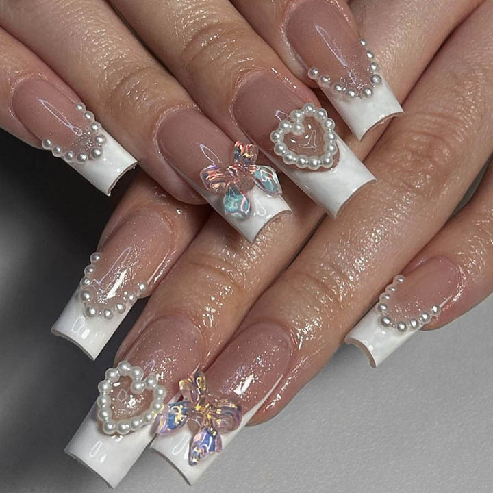 Acrylic nail set with elegant pearl and 3D flower decorations Kalsten
