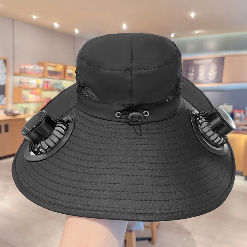 Ventilated sun hat with integrated battery fans, breathable mesh inserts, and adjustable chin strap Kalsten