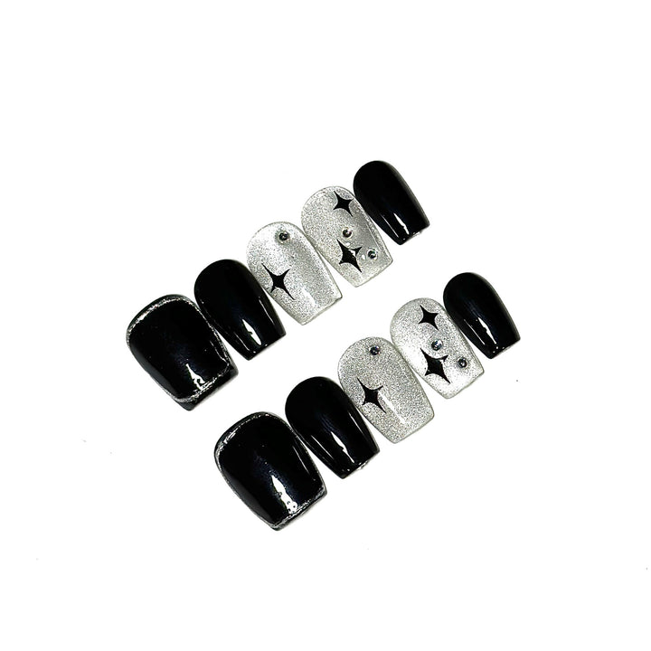 Artistic Press-On Nail Art Set with Heart and Celestial Designs