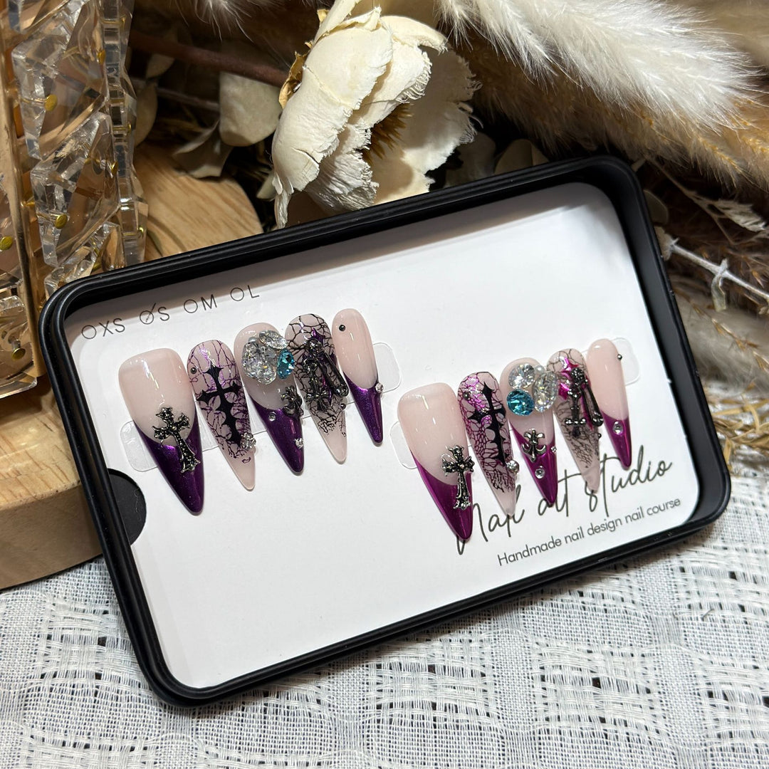 Artistic Stiletto Press-On Nail Set with Unique Floral and Gemstone Accents Kalsten