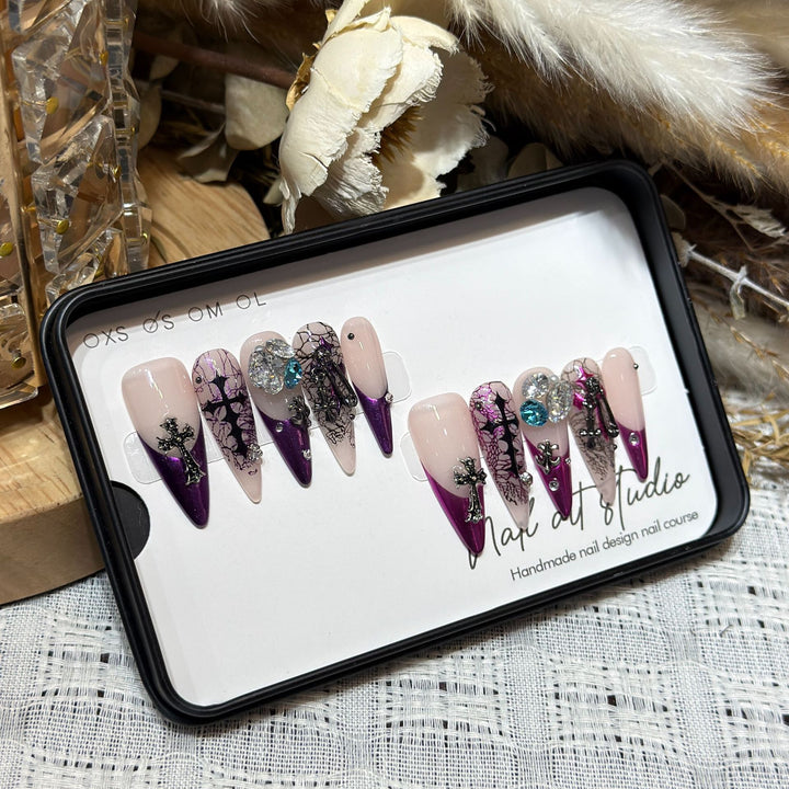 Artistic Stiletto Press-On Nail Set with Unique Floral and Gemstone Accents Kalsten