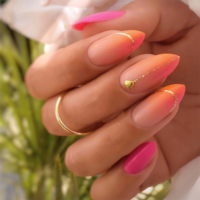 Press-On Nail Set with Vibrant Gradient Design and Golden Accents Kalsten