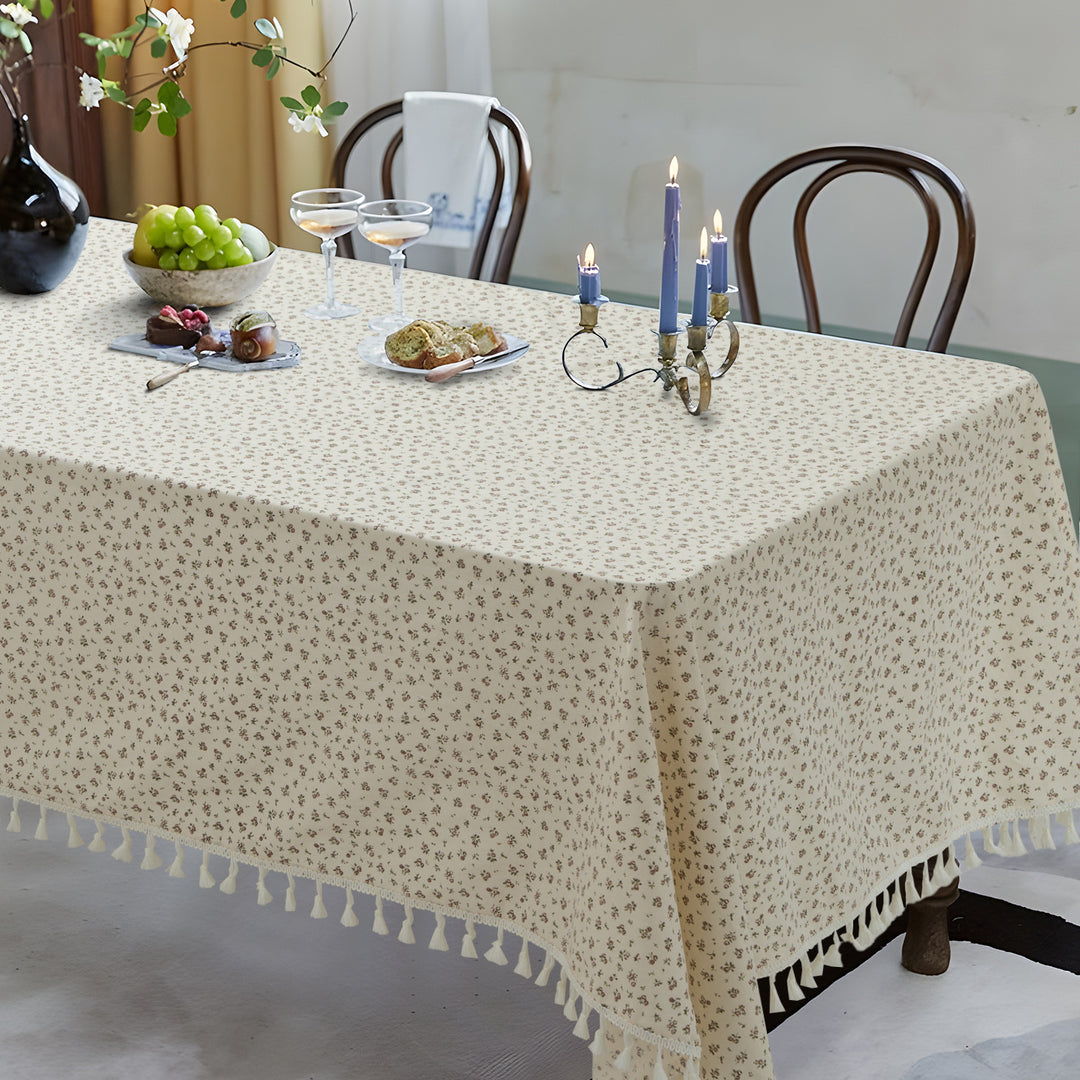 Rectangular tablecloth with floral Millefleurs print and cotton tassels Kalsten