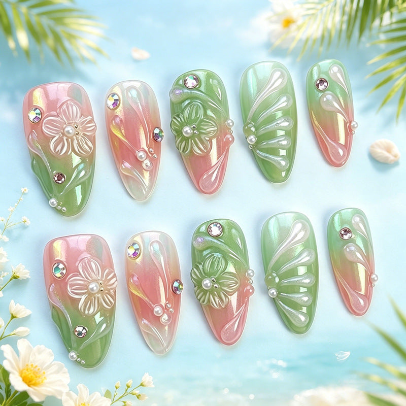 Acrylic Nail Set with Spring Design and Glitter Accents Kalsten