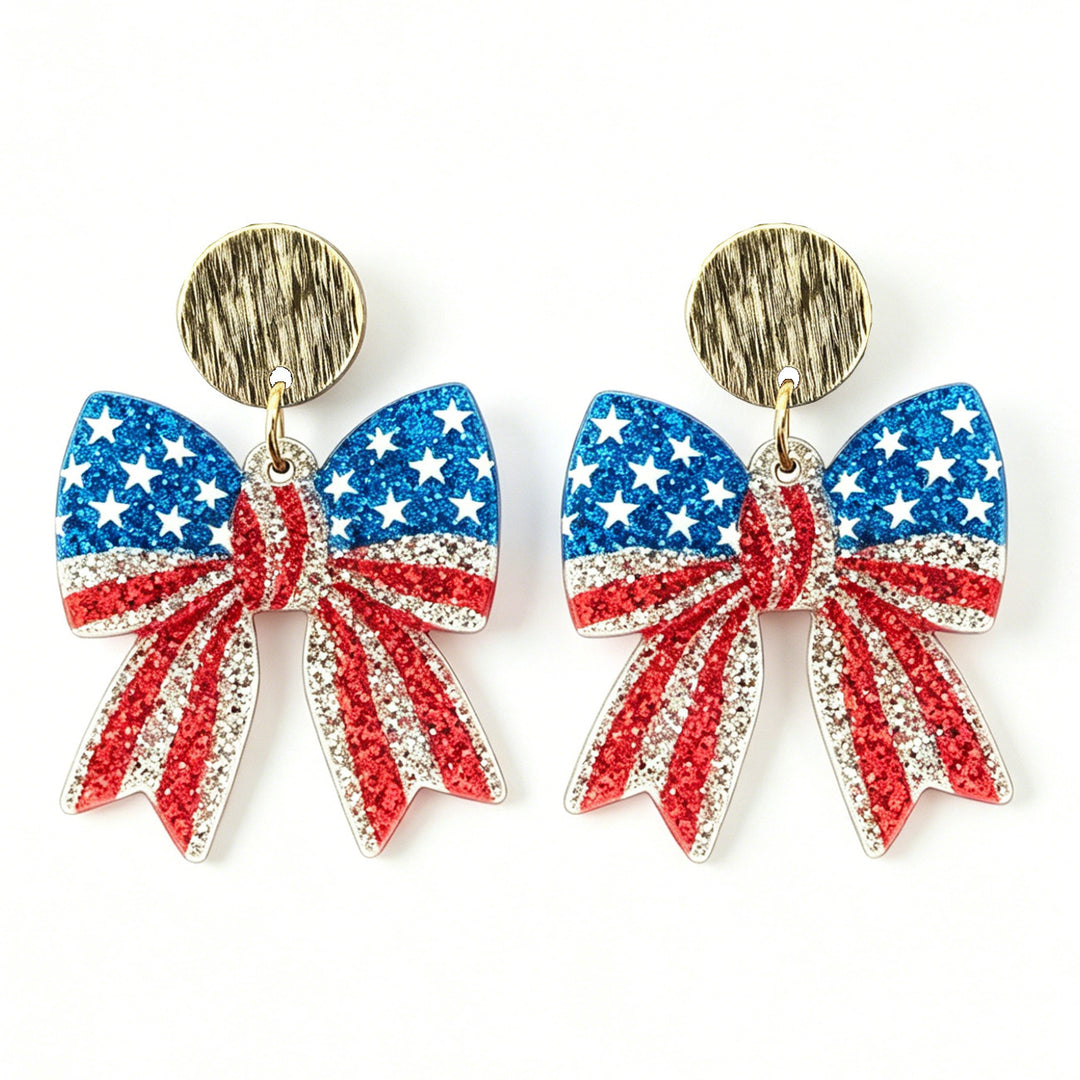 Ladies nan Statement bow earrings made of acrylic with glittering star stripe design and round studs Kalsten