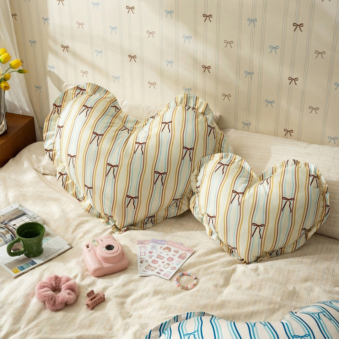 Heart-shaped cotton decorative cushion with gathered edge and heart stripe motif Kalsten