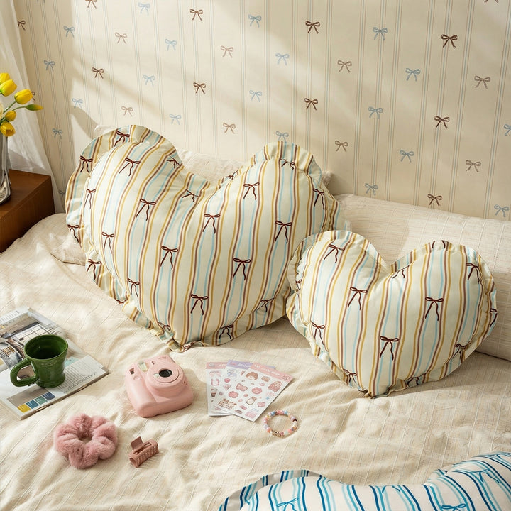 Heart-shaped cotton decorative cushion with gathered edge and heart stripe motif Kalsten