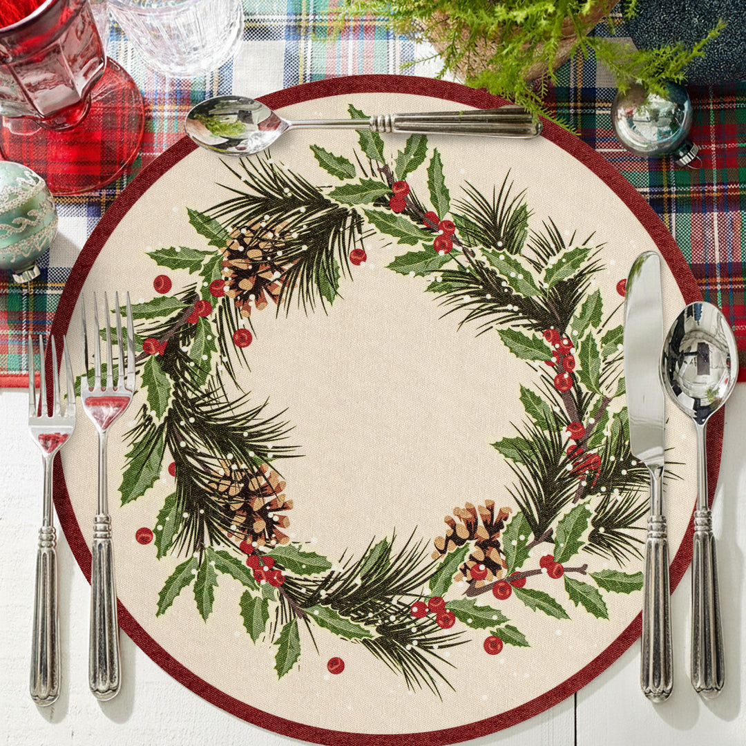 Round wipeable placemat with Christmas pine cone and holly wreath motif Kalsten