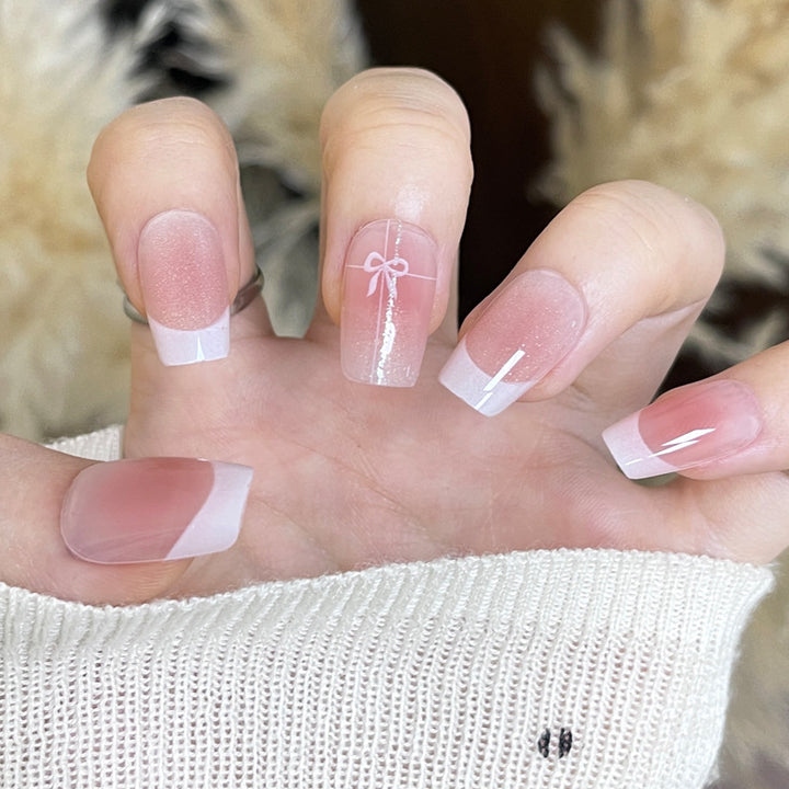 Elegant French Tip Press-On Nails with Bow Design Kalsten