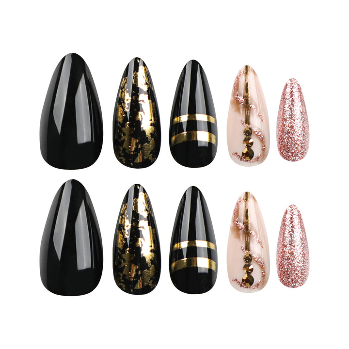 Glamorous stiletto nails with golden accents Kalsten