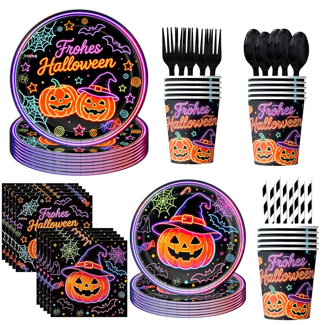 Complete Halloween Party Table Decoration Set with Neon Pumpkin Design Disposable Dinnerware and Garland
