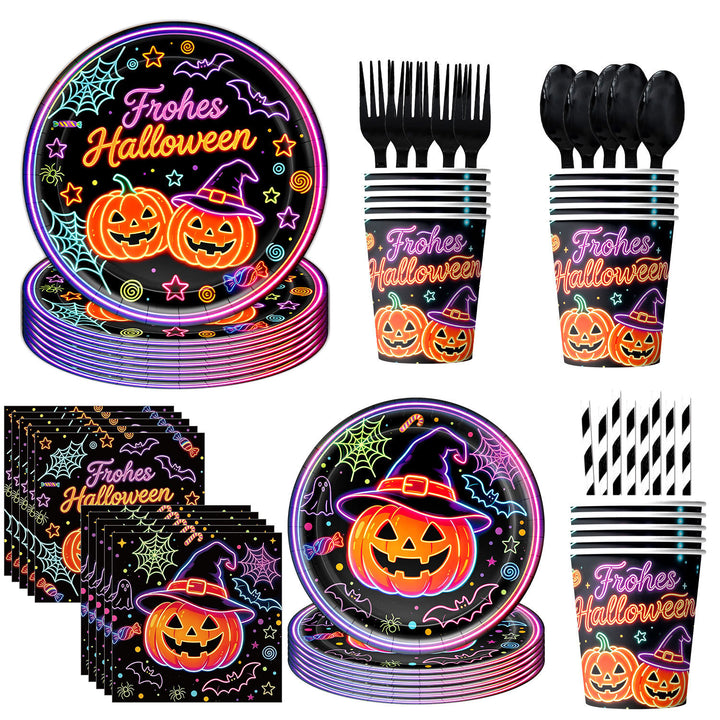 Complete Halloween Party Table Decoration Set with Neon Pumpkin Design Disposable Dinnerware and Garland