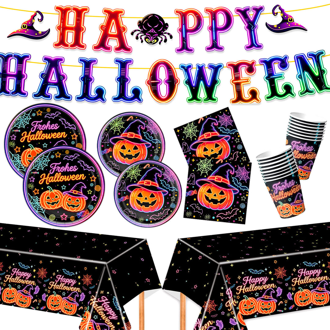Complete Halloween Party Table Decoration Set with Neon Pumpkin Design Disposable Dinnerware and Garland