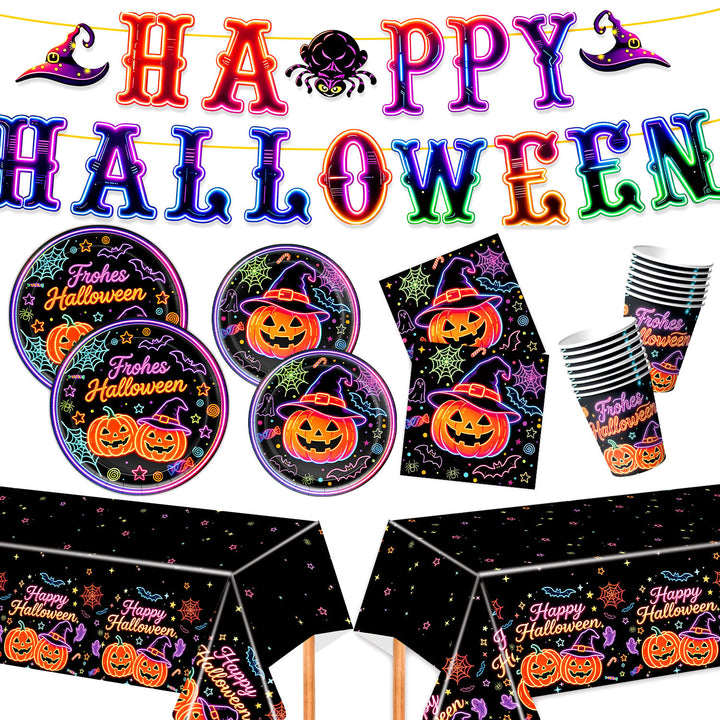 Complete Halloween Party Table Decoration Set with Neon Pumpkin Design Disposable Dinnerware and Garland