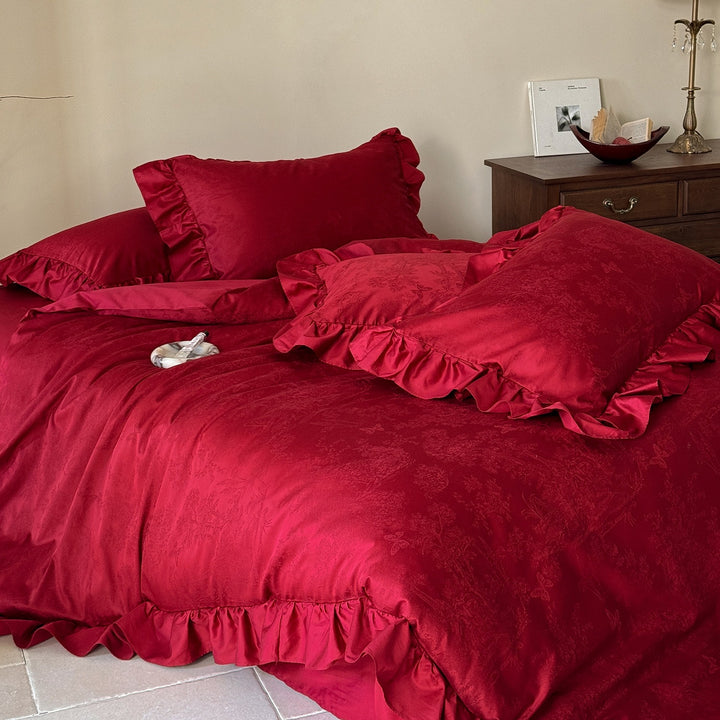 Bedding set with ruffled hem, woven floral jacquard and luxurious cotton satin quality
