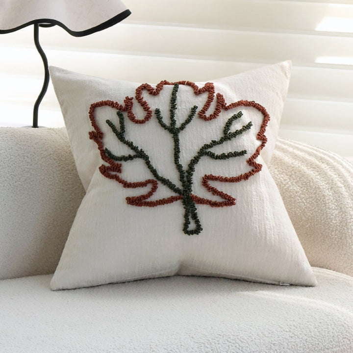 Square decorative pillow cover with hand-tufted leaf motif and fine linen texture Kalsten