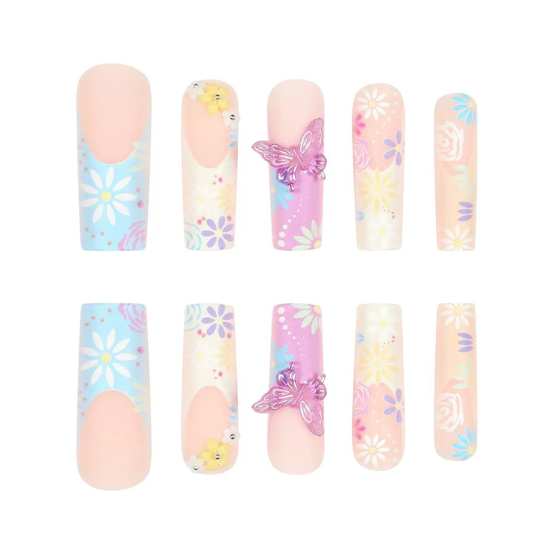 Artificial nails with floral patterns and 3D decorations Kalsten