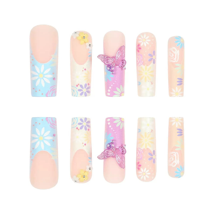 Artificial nails with floral patterns and 3D decorations Kalsten