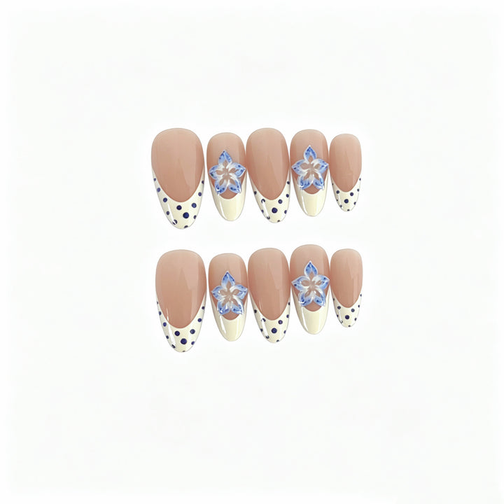 Artistic Press-On Nail Set with Floral and Polka Dot Design Kalsten