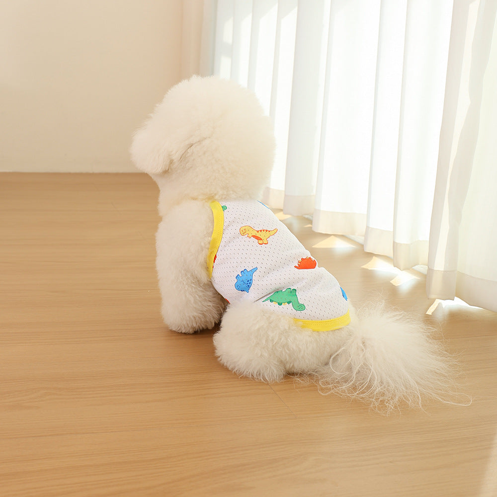 Breathable Mesh Dog Tank Vest with Colorful Dinosaur Print and Yellow Binding