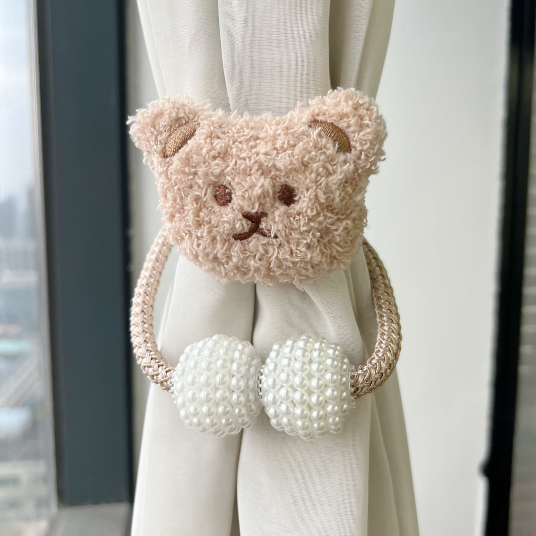 Decorative Fabric Flower Curtain Tieback with Braided Rope and Pearl Pom-Pom Weights