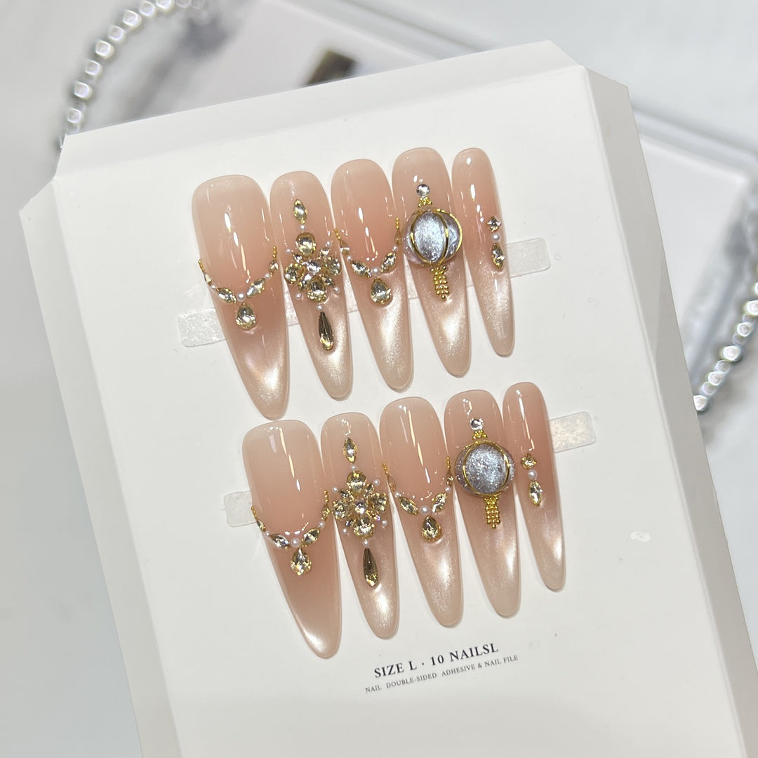 Decorative Stiletto Press-On Nail Set with Elegant Gemstone Embellishments Kalsten