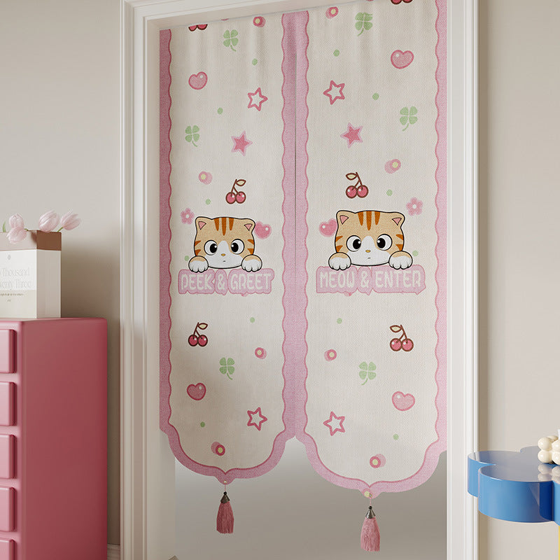 Kids Decorative Split Doorway Noren Curtain with Tassels and Cartoon Floral Lion Print