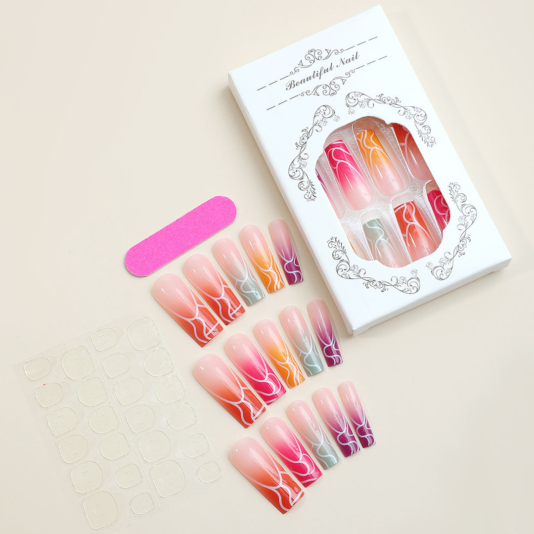 Artistic Press-On Nail Set with Gradient Swirl Designs kalsten