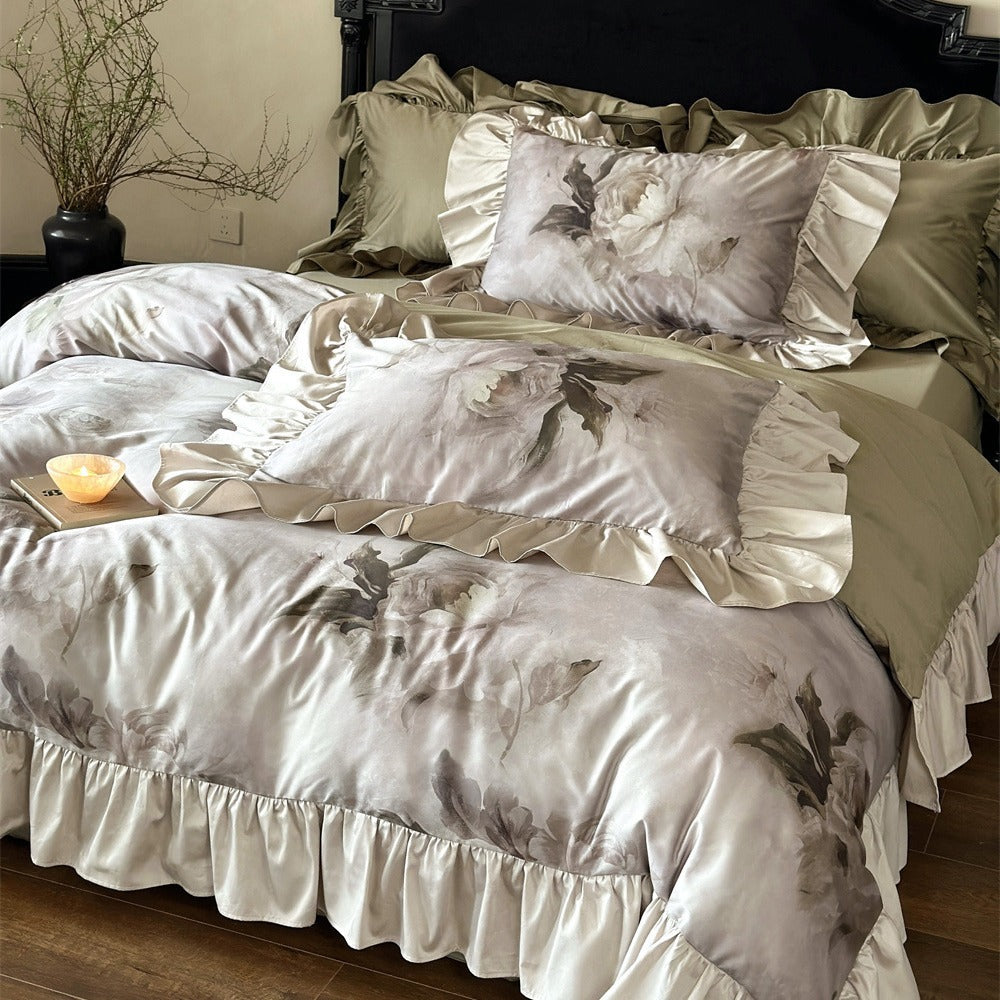 Luxurious satin bedding set with ruffles and watercolor flowers